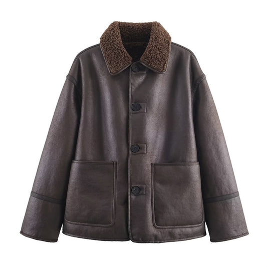 Manteau  en cuir et fourrure