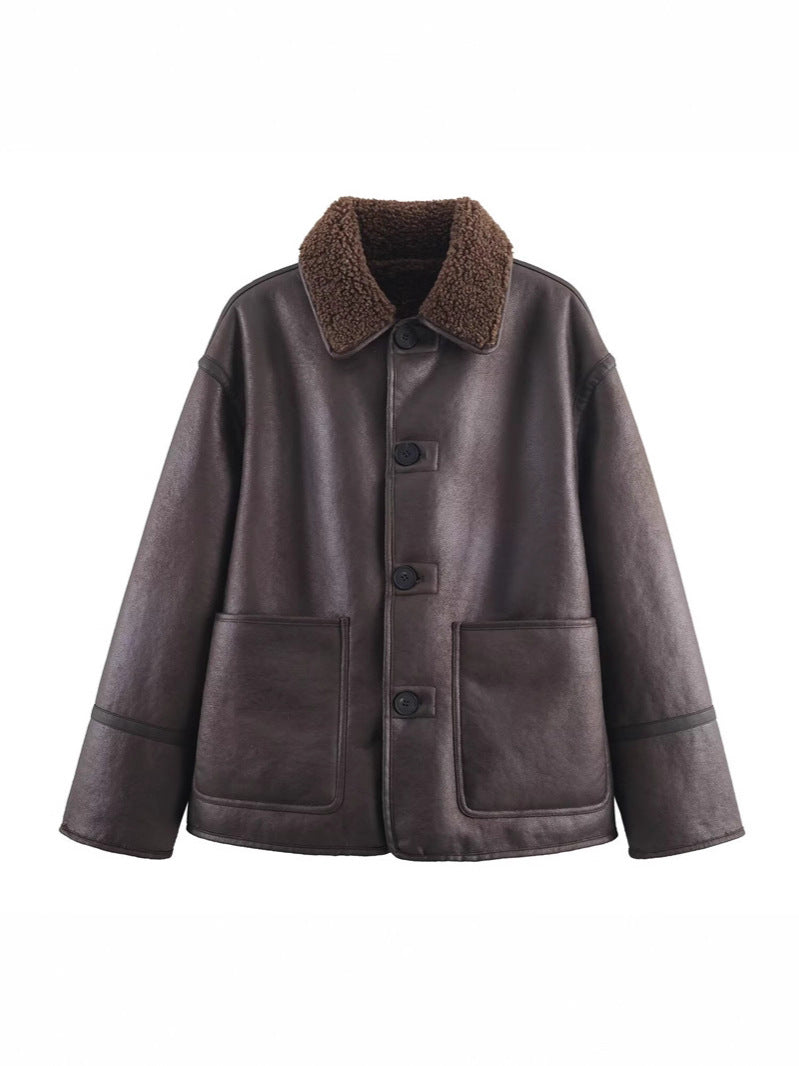 Manteau  en cuir et fourrure